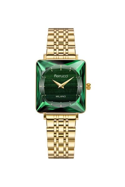 Ferrucci Altın Kare Kasa Kadın Kol Saati | 25 mm Çelik Kasa, Altın Metal Kordon, Yeşil Kadran
