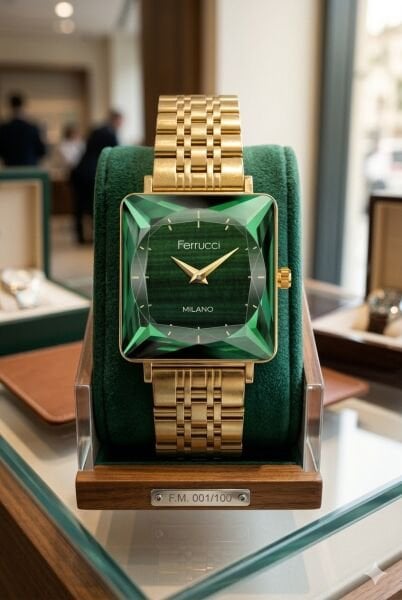 Ferrucci Altın Kare Kasa Kadın Kol Saati | 25 mm Çelik Kasa, Altın Metal Kordon, Yeşil Kadran
