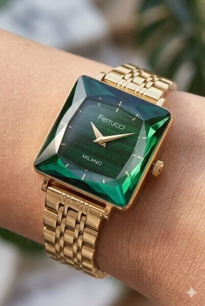 Ferrucci Altın Kare Kasa Kadın Kol Saati | 25 mm Çelik Kasa, Altın Metal Kordon, Yeşil Kadran