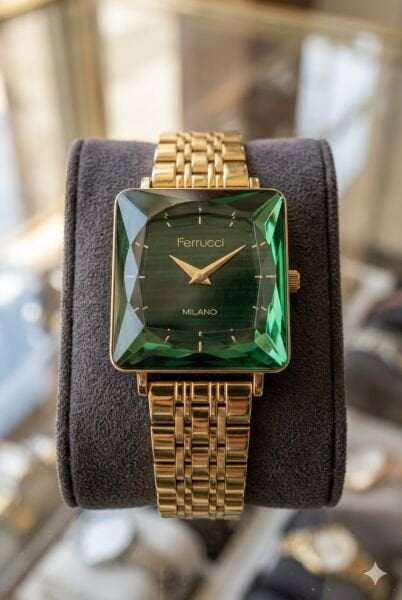 Ferrucci Altın Kare Kasa Kadın Kol Saati | 25 mm Çelik Kasa, Altın Metal Kordon, Yeşil Kadran
