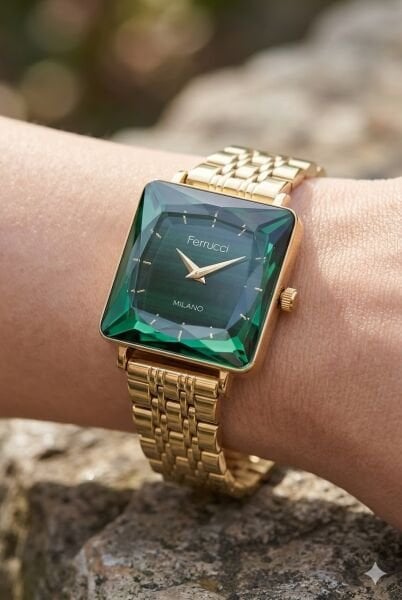 Ferrucci Altın Kare Kasa Kadın Kol Saati | 25 mm Çelik Kasa, Altın Metal Kordon, Yeşil Kadran