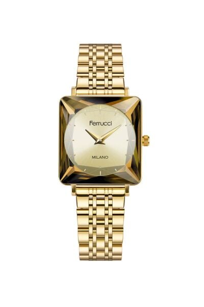 Ferrucci Altın Kare Kasa Kadın Kol Saati | 25 mm Çelik Kasa, Altın Metal Kordon, Altın Kadran