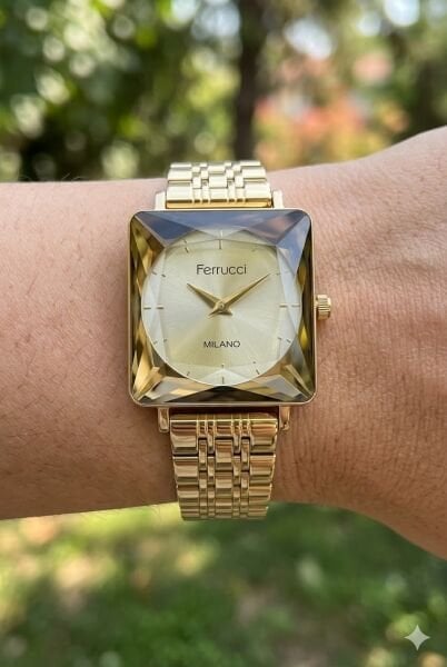 Ferrucci Altın Kare Kasa Kadın Kol Saati | 25 mm Çelik Kasa, Altın Metal Kordon, Altın Kadran