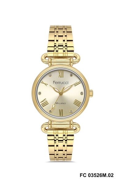 Ferrucci Altın Yuvarlak Kasa Kadın Kol Saati | 30 mm Çelik Kasa, Altın Metal Kordon, Altın Kadran