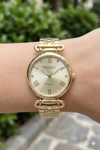 Ferrucci Altın Yuvarlak Kasa Kadın Kol Saati | 30 mm Çelik Kasa, Altın Metal Kordon, Altın Kadran