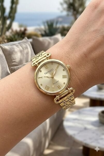 Ferrucci Altın Yuvarlak Kasa Kadın Kol Saati | 30 mm Çelik Kasa, Altın Metal Kordon, Altın Kadran