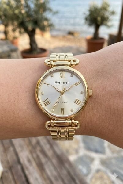 Ferrucci Altın Yuvarlak Kasa Kadın Kol Saati | 30 mm Çelik Kasa, Altın Metal Kordon, Altın Kadran