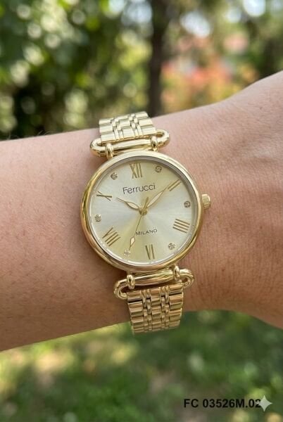 Ferrucci Altın Yuvarlak Kasa Kadın Kol Saati | 30 mm Çelik Kasa, Altın Metal Kordon, Altın Kadran