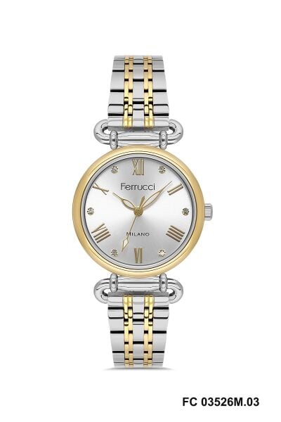 Ferrucci Altın Gümüş Yuvarlak Kasa Kadın Kol Saati | 30 mm Çelik Kasa, Altın Gümüş Metal Kordon