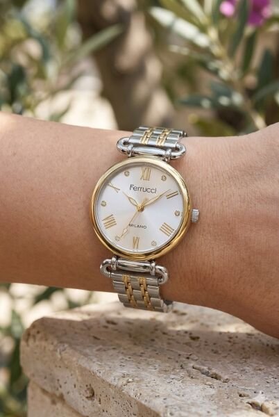 Ferrucci Altın Gümüş Yuvarlak Kasa Kadın Kol Saati | 30 mm Çelik Kasa, Altın Gümüş Metal Kordon