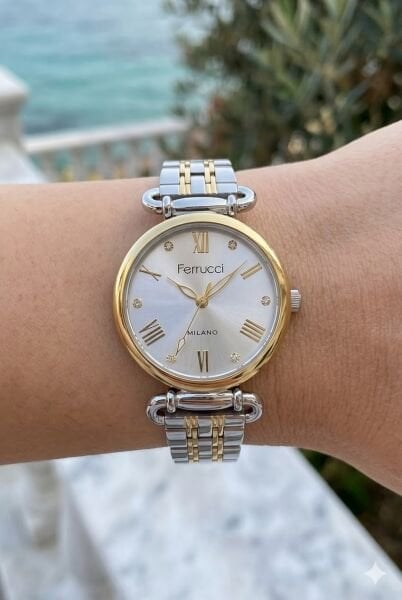 Ferrucci Altın Gümüş Yuvarlak Kasa Kadın Kol Saati | 30 mm Çelik Kasa, Altın Gümüş Metal Kordon