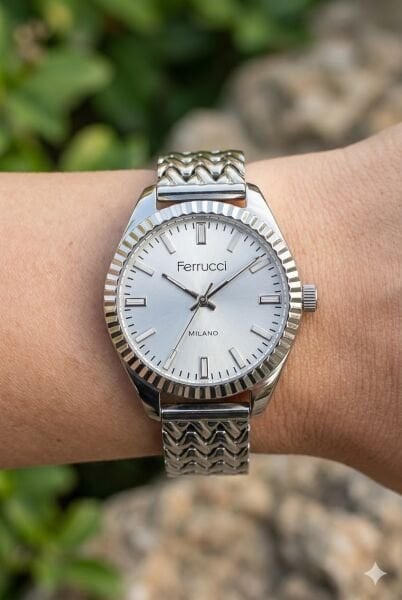 Ferrucci Gümüş Renk Kadın Kol Saati | 33 mm Çelik Kasa, Gümüş Metal Kordon, Gümüş Kadran
