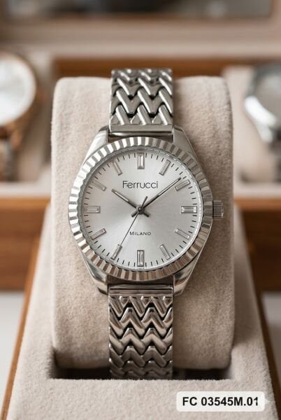 Ferrucci Gümüş Renk Kadın Kol Saati | 33 mm Çelik Kasa, Gümüş Metal Kordon, Gümüş Kadran