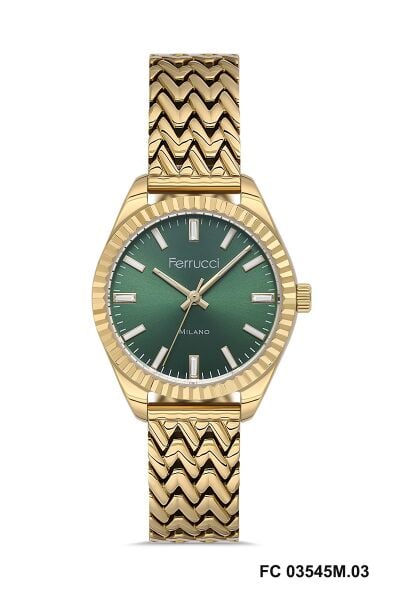 Ferrucci Altın Renk Kadın Kol Saati | 33 mm Çelik Kasa, Altın Metal Kordon, Yeşil Kadran