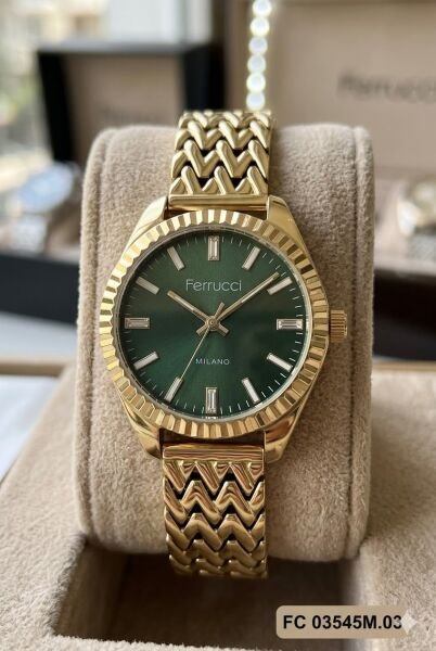 Ferrucci Altın Renk Kadın Kol Saati | 33 mm Çelik Kasa, Altın Metal Kordon, Yeşil Kadran