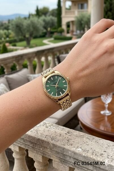 Ferrucci Altın Renk Kadın Kol Saati | 33 mm Çelik Kasa, Altın Metal Kordon, Yeşil Kadran