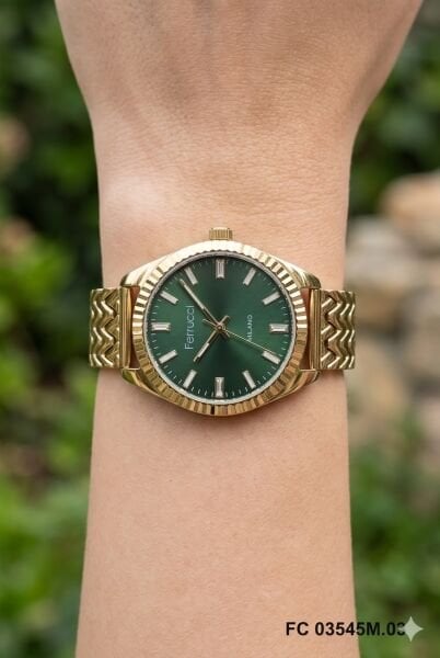 Ferrucci Altın Renk Kadın Kol Saati | 33 mm Çelik Kasa, Altın Metal Kordon, Yeşil Kadran
