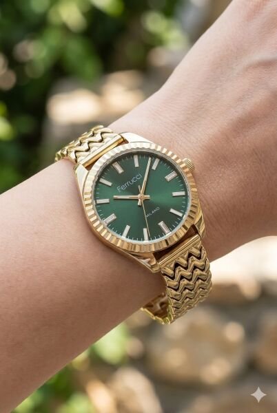 Ferrucci Altın Renk Kadın Kol Saati | 33 mm Çelik Kasa, Altın Metal Kordon, Yeşil Kadran