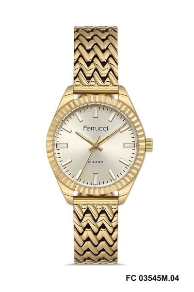 Ferrucci Altın Renk Kadın Kol Saati | 33 mm Çelik Kasa, Altın Metal Kordon, Altın Kadran