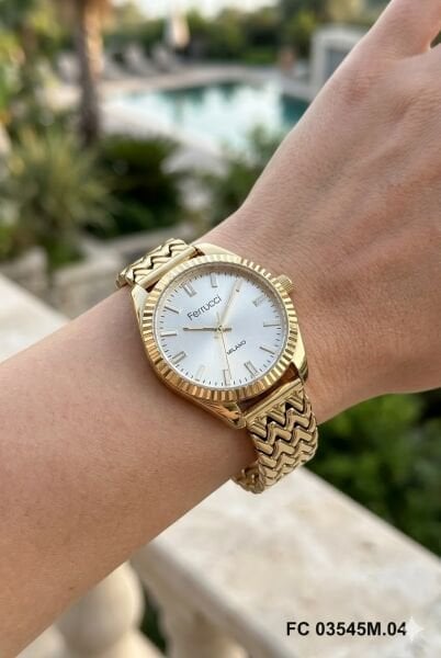 Ferrucci Altın Renk Kadın Kol Saati | 33 mm Çelik Kasa, Altın Metal Kordon, Altın Kadran
