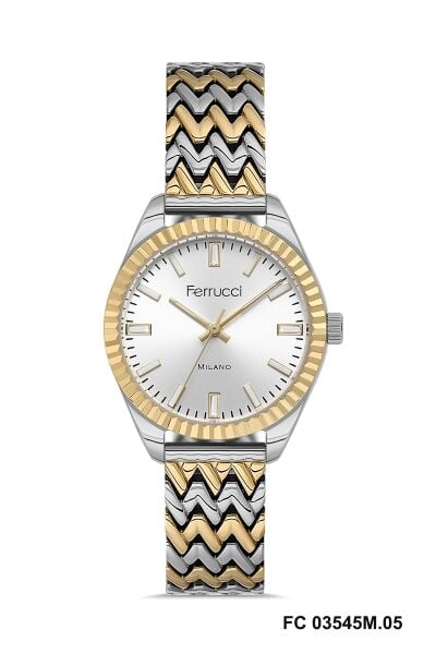Ferrucci Gümüş Kadın Kol Saati | 33 mm Çelik Kasa, Altın Gümüş Metal Kordon, Gümüş Kadran