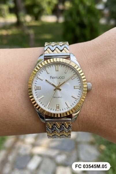 Ferrucci Gümüş Kadın Kol Saati | 33 mm Çelik Kasa, Altın Gümüş Metal Kordon, Gümüş Kadran