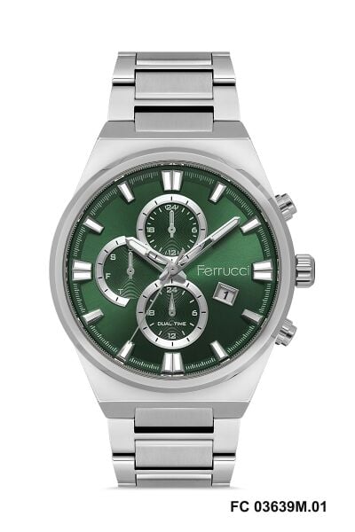 Ferrucci Gümüş Renk Erkek Kol Saati | 40 mm Çelik Kasa, Gümüş Metal Kordon, Yeşil Kadran