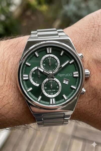 Ferrucci Gümüş Renk Erkek Kol Saati | 40 mm Çelik Kasa, Gümüş Metal Kordon, Yeşil Kadran