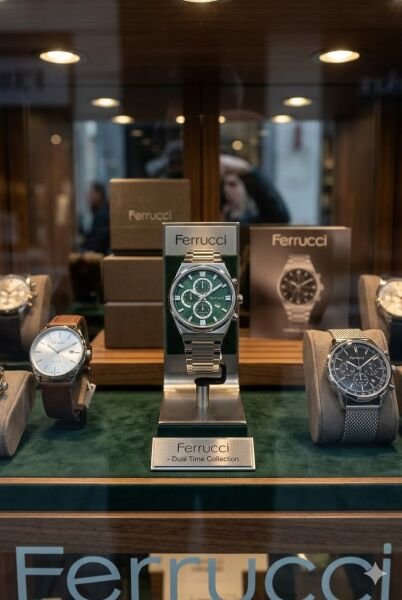 Ferrucci Gümüş Renk Erkek Kol Saati | 40 mm Çelik Kasa, Gümüş Metal Kordon, Yeşil Kadran