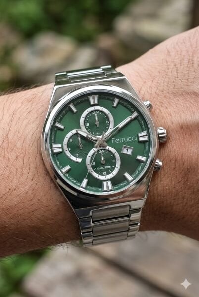 Ferrucci Gümüş Renk Erkek Kol Saati | 40 mm Çelik Kasa, Gümüş Metal Kordon, Yeşil Kadran