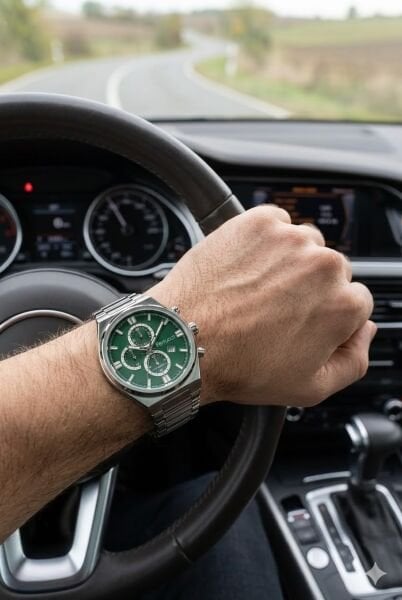 Ferrucci Gümüş Renk Erkek Kol Saati | 40 mm Çelik Kasa, Gümüş Metal Kordon, Yeşil Kadran