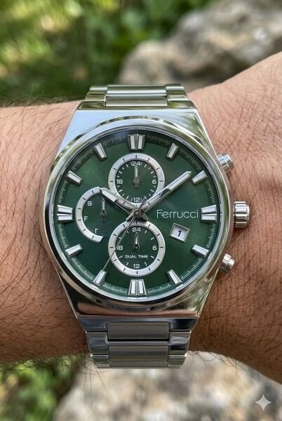Ferrucci Gümüş Renk Erkek Kol Saati | 40 mm Çelik Kasa, Gümüş Metal Kordon, Yeşil Kadran