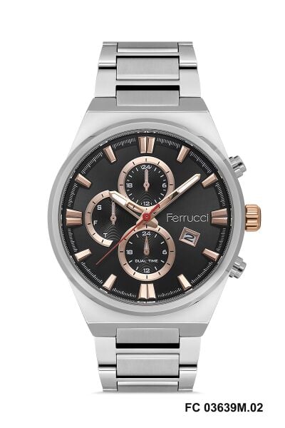 Ferrucci Gümüş Erkek Kol Saati | 42 mm Çelik Kasa, Gümüş Çelik Kordon, Siyah Kadran