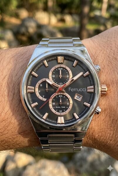 Ferrucci Gümüş Erkek Kol Saati | 42 mm Çelik Kasa, Gümüş Çelik Kordon, Siyah Kadran