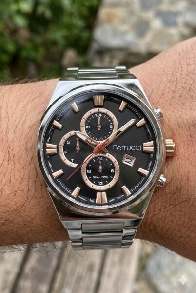 Ferrucci Gümüş Erkek Kol Saati | 42 mm Çelik Kasa, Gümüş Çelik Kordon, Siyah Kadran