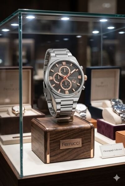 Ferrucci Gümüş Erkek Kol Saati | 42 mm Çelik Kasa, Gümüş Çelik Kordon, Siyah Kadran