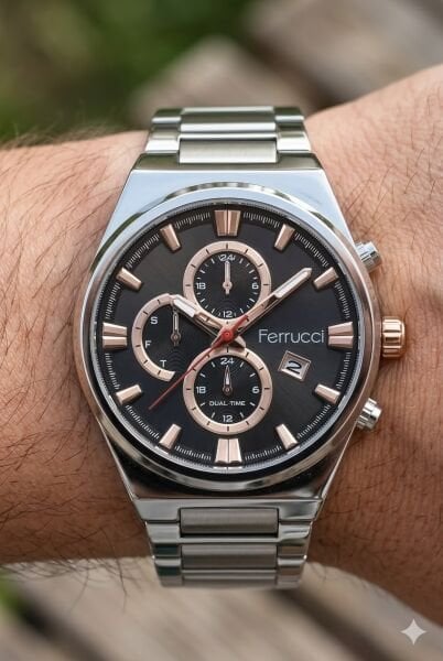 Ferrucci Gümüş Erkek Kol Saati | 42 mm Çelik Kasa, Gümüş Çelik Kordon, Siyah Kadran