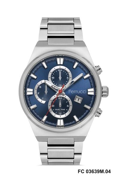 Ferrucci Gümüş Renk Erkek Kol Saati | 42 mm Çelik Kasa, Gümüş Metal Kordon, Lacivert Kadran