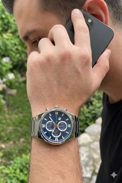 Ferrucci Gümüş Renk Erkek Kol Saati | 42 mm Çelik Kasa, Gümüş Metal Kordon, Lacivert Kadran
