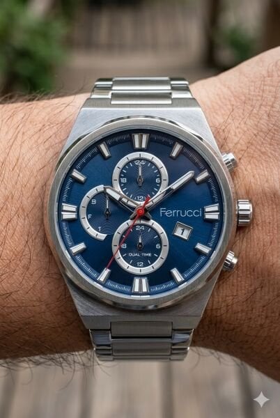 Ferrucci Gümüş Renk Erkek Kol Saati | 42 mm Çelik Kasa, Gümüş Metal Kordon, Lacivert Kadran