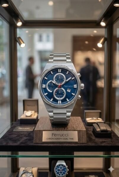 Ferrucci Gümüş Renk Erkek Kol Saati | 42 mm Çelik Kasa, Gümüş Metal Kordon, Lacivert Kadran