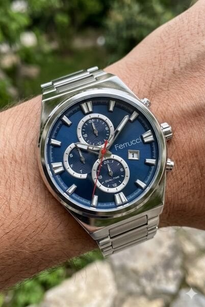 Ferrucci Gümüş Renk Erkek Kol Saati | 42 mm Çelik Kasa, Gümüş Metal Kordon, Lacivert Kadran