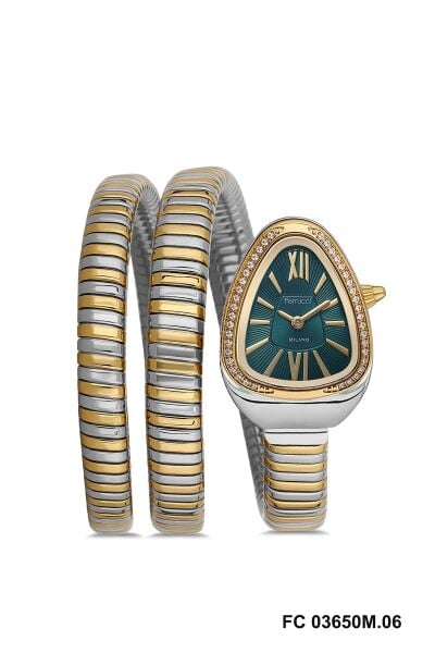 Ferrucci Özel Tasarım Kadın Kol Saati | 33 mm Çelik Kasa, Altın Gümüş Metal Kordon, Turkuaz Kadran