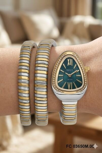 Ferrucci Özel Tasarım Kadın Kol Saati | 33 mm Çelik Kasa, Altın Gümüş Metal Kordon, Turkuaz Kadran