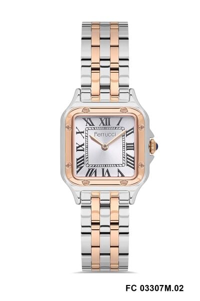 Ferrucci Kadın Kol Saati | 26 mm Çelik Kasa, Rose Gümüş Metal Kordon, Gümüş Kadran