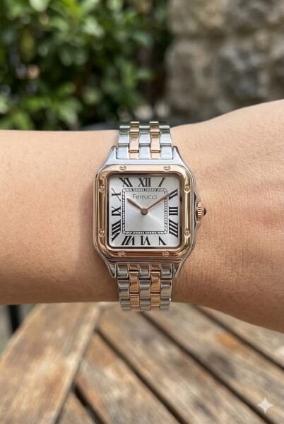 Ferrucci Kadın Kol Saati | 26 mm Çelik Kasa, Rose Gümüş Metal Kordon, Gümüş Kadran