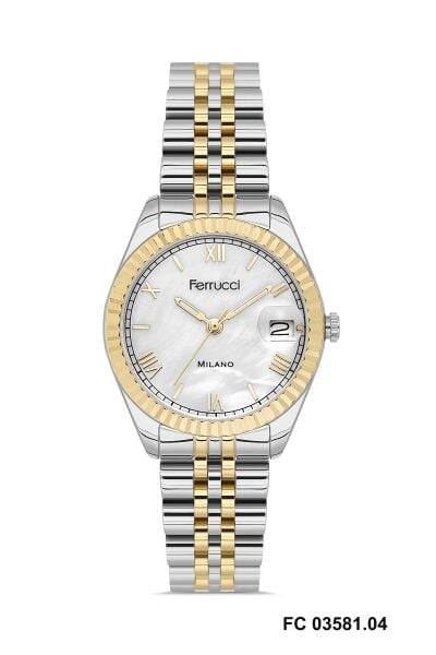 Ferrucci Gümüş & Altın Kadın Kol Saati | 35 mm Çelik Kasa, Altın Gümüş Metal Kordon, Beyaz Kadran