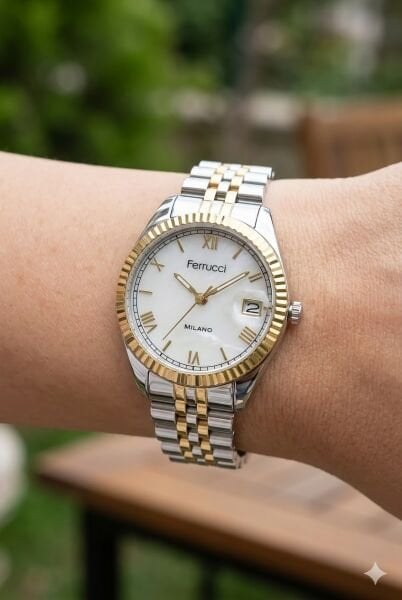Ferrucci Gümüş & Altın Kadın Kol Saati | 35 mm Çelik Kasa, Altın Gümüş Metal Kordon, Beyaz Kadran