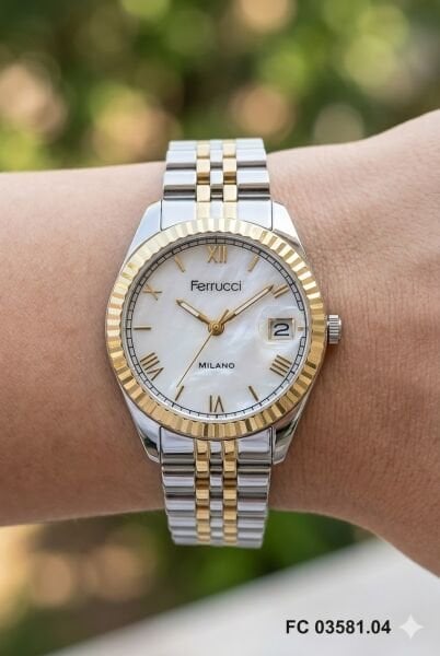 Ferrucci Gümüş & Altın Kadın Kol Saati | 35 mm Çelik Kasa, Altın Gümüş Metal Kordon, Beyaz Kadran
