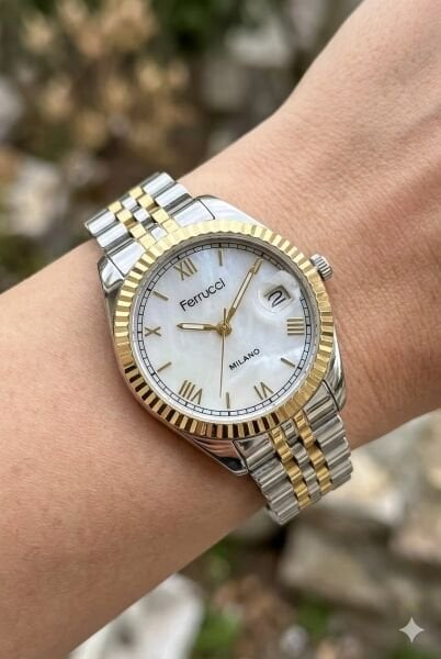 Ferrucci Gümüş & Altın Kadın Kol Saati | 35 mm Çelik Kasa, Altın Gümüş Metal Kordon, Beyaz Kadran